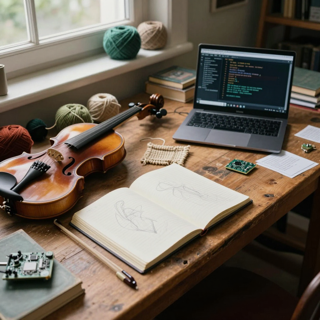 Illustration of a shared creative workbench with fiber, music, notebooks, and computing materials.